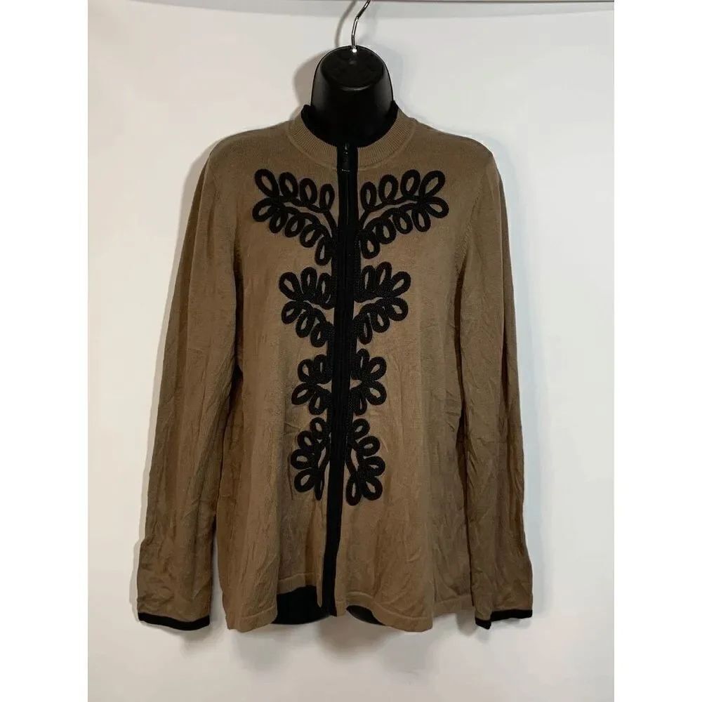 Bob Mackie Womens Jacket Full Zip Embellished Floral Knitted Brown XL